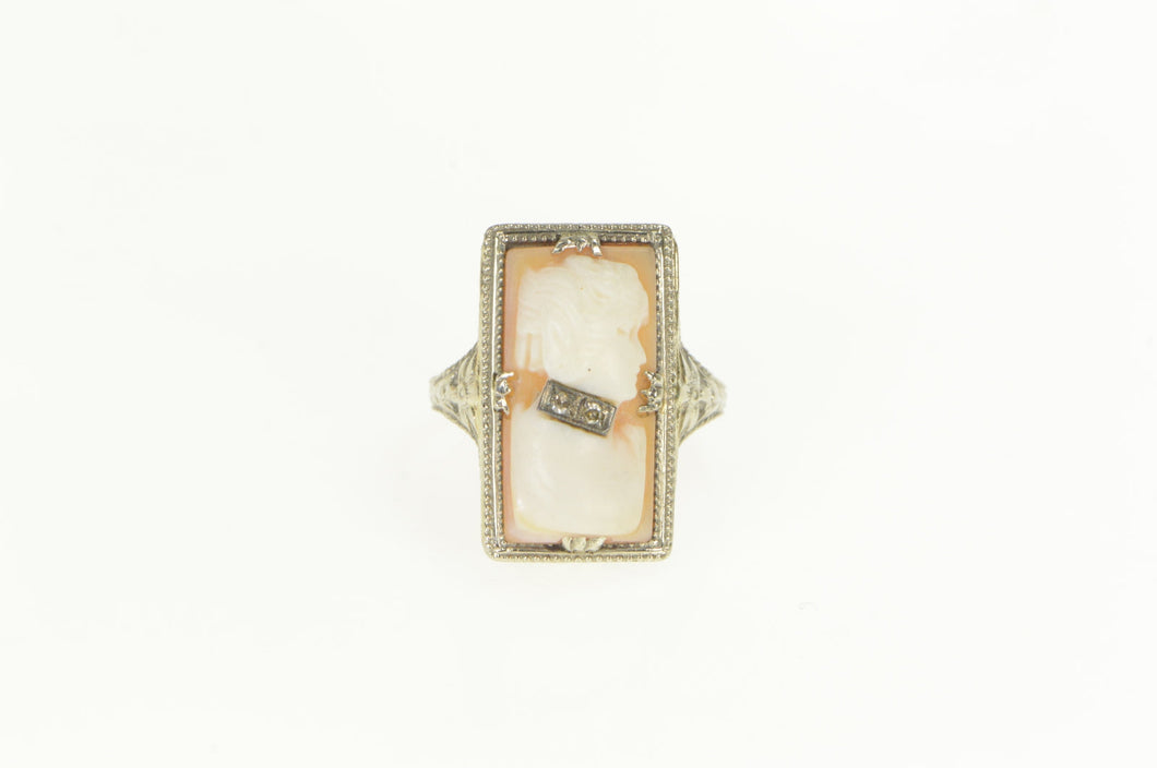 14K Art Deco Filigree Carved Shell Cameo Diamond Ring White Gold