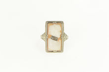 Load image into Gallery viewer, 14K Art Deco Filigree Carved Shell Cameo Diamond Ring White Gold