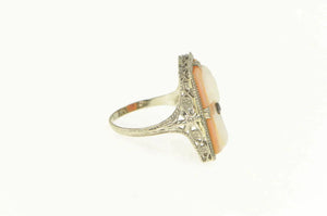 14K Art Deco Filigree Carved Shell Cameo Diamond Ring White Gold
