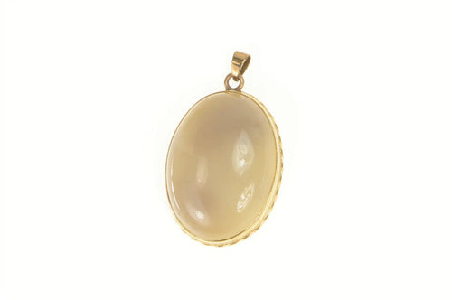 10K Oval Cloudy Agate Cabochon Ornate Statement Pendant Yellow Gold