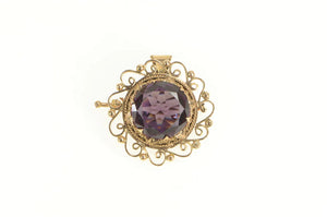 14K Victorian Amethyst Ornate Filigree Statement Pendant/Pin Yellow Gold