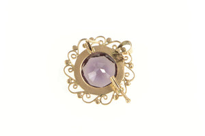 14K Victorian Amethyst Ornate Filigree Statement Pendant/Pin Yellow Gold