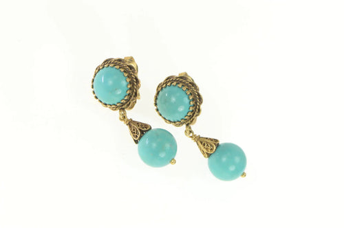 14K Retro Turquoise Dangle Ornate Screw Back Earrings Yellow Gold