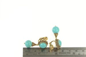 14K Retro Turquoise Dangle Ornate Screw Back Earrings Yellow Gold