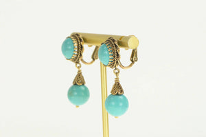 14K Retro Turquoise Dangle Ornate Screw Back Earrings Yellow Gold