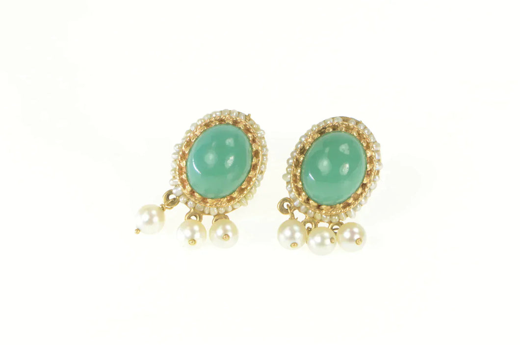 14K Victorian Turquoise Seed Pearl Fringe Screw On Earrings Yellow Gold