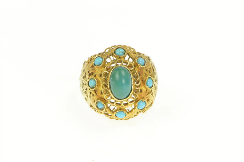 18K Elaborate Turquoise Oval Domed Filigree Ring Yellow Gold