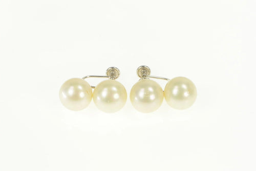 10K 1950's Two Pearl Ornate Screw Back Earrings White Gold