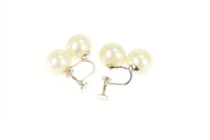 10K 1950's Two Pearl Ornate Screw Back Earrings White Gold