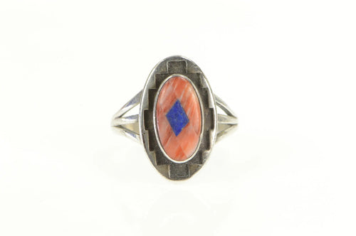 Sterling Silver Teme Coral Lapis Southwestern Geometric Ring