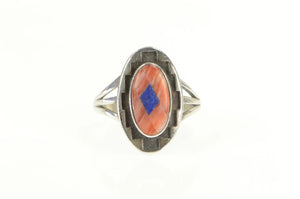 Sterling Silver Teme Coral Lapis Southwestern Geometric Ring