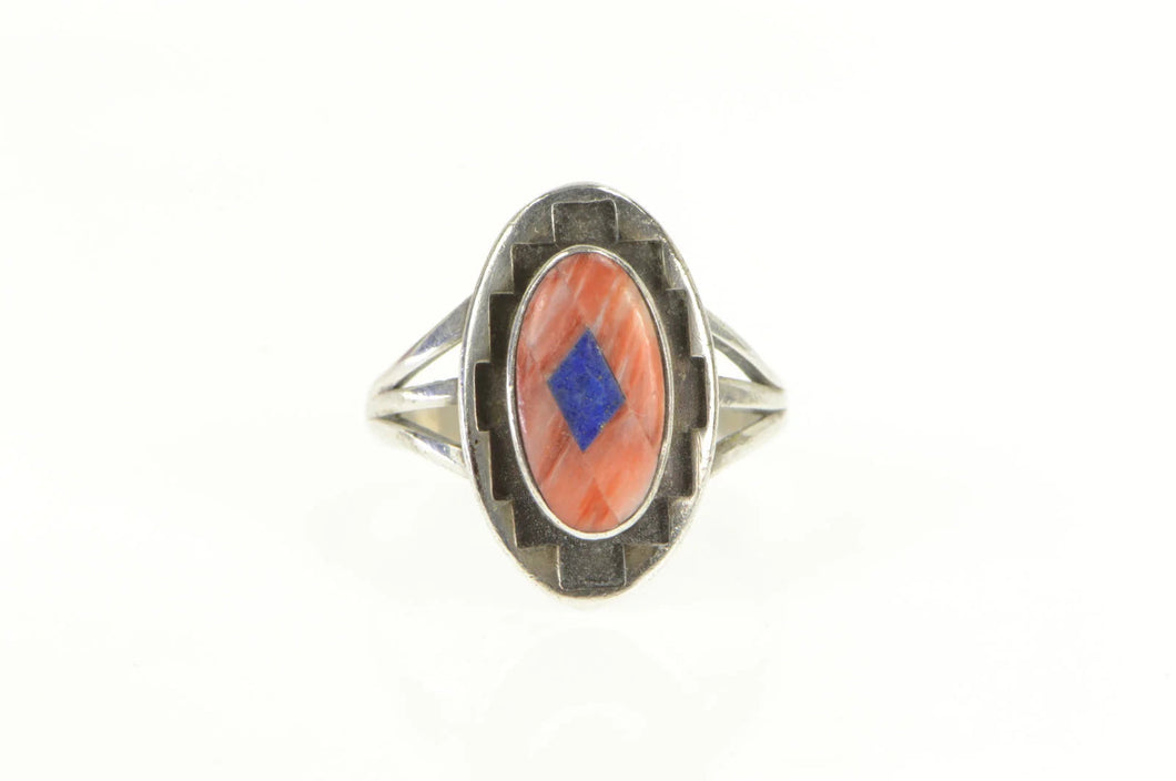 Sterling Silver Teme Coral Lapis Southwestern Geometric Ring