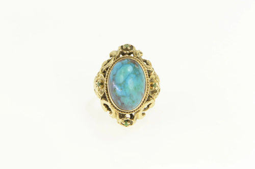 14K Oval Turquoise Ornate Floral Filigree Vintage Ring Yellow Gold