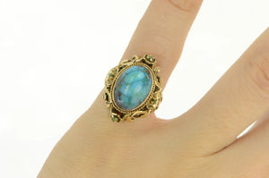 14K Oval Turquoise Ornate Floral Filigree Vintage Ring Yellow Gold