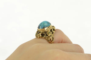14K Oval Turquoise Ornate Floral Filigree Vintage Ring Yellow Gold