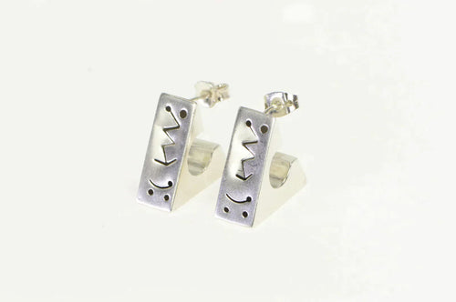 Sterling Silver Squared Geometric Pattern Triangle Hoop Earrings