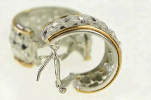 Sterling Silver Two Tone 14K Gold Textured Lattice Hoop Earrings