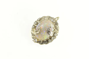 14K 1940's Opal Diamond Elaborate Floral Leaf Pendant White Gold