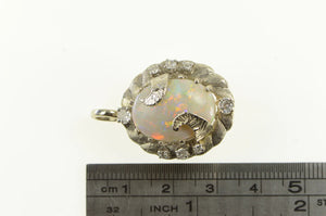 14K 1940's Opal Diamond Elaborate Floral Leaf Pendant White Gold