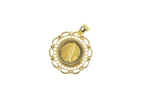 14K Virgin Mother Mary Ornate Scalloped Pendant Yellow Gold