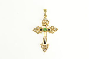 14K 1.01 Ctw Victorian Emerald Enamel Cross Pendant Yellow Gold