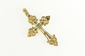 14K 1.01 Ctw Victorian Emerald Enamel Cross Pendant Yellow Gold