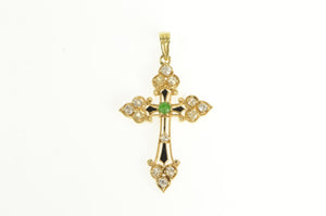 14K 1.01 Ctw Victorian Emerald Enamel Cross Pendant Yellow Gold