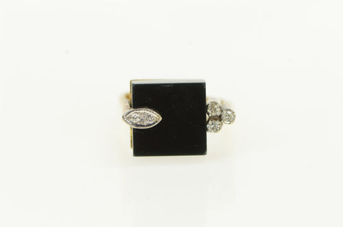 14K Black Onyx Cube Diamond 1960's Geometric Ring Yellow Gold