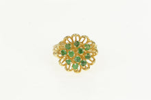 Load image into Gallery viewer, 14K 1960&#39;s Emerald Floral Domed Cluster Cocktail Ring Yellow Gold