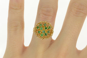 14K 1960's Emerald Floral Domed Cluster Cocktail Ring Yellow Gold