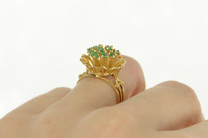 14K 1960's Emerald Floral Domed Cluster Cocktail Ring Yellow Gold