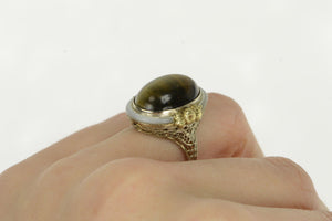 14K Art Deco Cat's Eye Mother of Pearl FIligree Ring White Gold