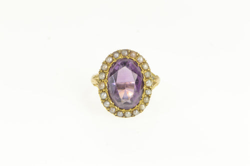 14K Victorian Oval Amethyst Seed Pearl Cocktail Ring Yellow Gold