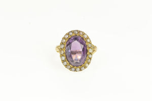 14K Victorian Oval Amethyst Seed Pearl Cocktail Ring Yellow Gold