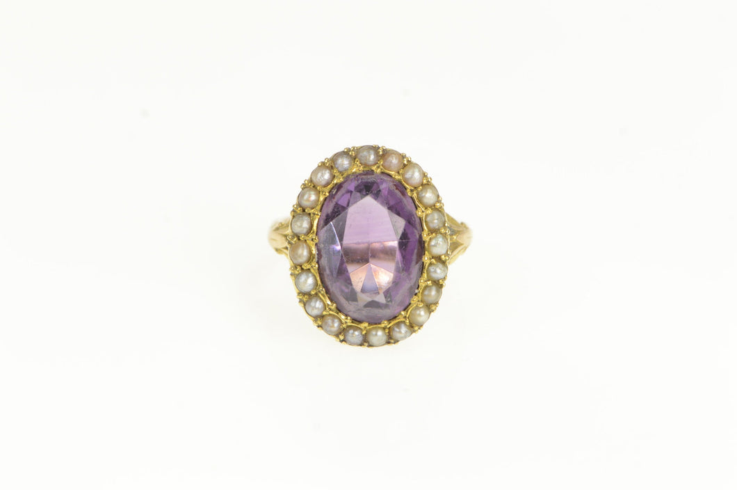 14K Victorian Oval Amethyst Seed Pearl Cocktail Ring Yellow Gold