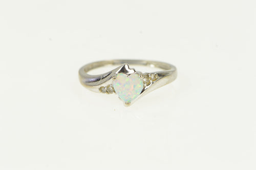 10K Heart Syn. Opal Diamond Accent Love Vintage Ring White Gold