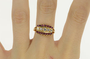 14K Retro Diamond Ruby Ornate Wedding Band Ring Yellow Gold