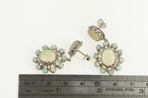 14K Ornate Classic Oval Natural Opal Halo Dangle Earrings White Gold