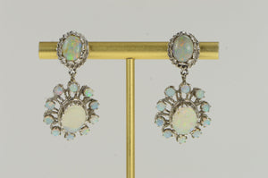 14K Ornate Classic Oval Natural Opal Halo Dangle Earrings White Gold