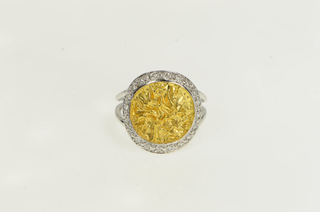 18K Ornate Diamond Halo Textured Statement Ring Yellow Gold
