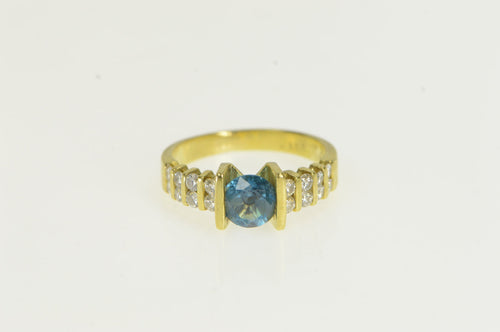 18K Blue Topaz Diamond Striped Statement Ring Yellow Gold