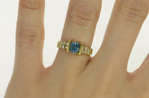 18K Blue Topaz Diamond Striped Statement Ring Yellow Gold