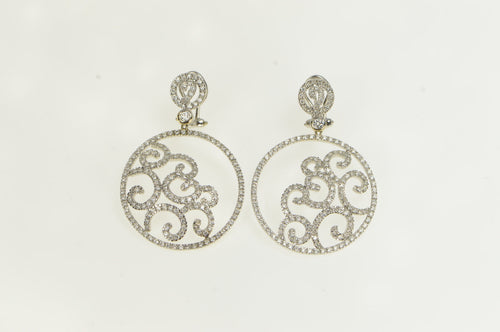 18K 3.50 Ctw Pave Diamond Ornate Swirl Medallion Earrings White Gold