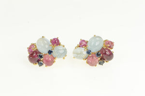 14K 1960's Retro Ruby Tourmaline Topaz Sapphire Earrings Yellow Gold