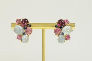 14K 1960's Retro Ruby Tourmaline Topaz Sapphire Earrings Yellow Gold