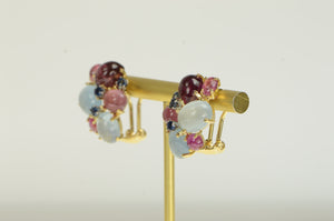 14K 1960's Retro Ruby Tourmaline Topaz Sapphire Earrings Yellow Gold