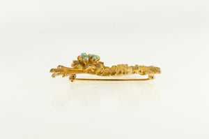 10K Turquoise Cluster Fern Leaf Sprig Retro Pin/Brooch Yellow Gold