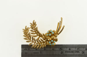 10K Turquoise Cluster Fern Leaf Sprig Retro Pin/Brooch Yellow Gold