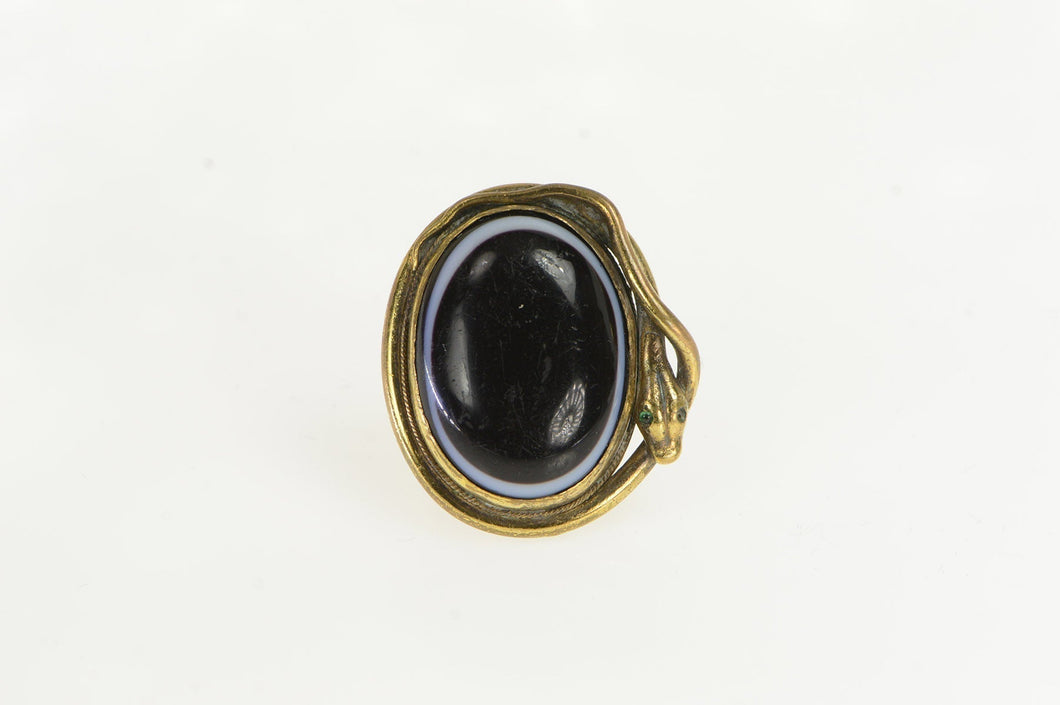 14K Black Onyx Cabochon Sim. Emerald Snake Ring Yellow Gold