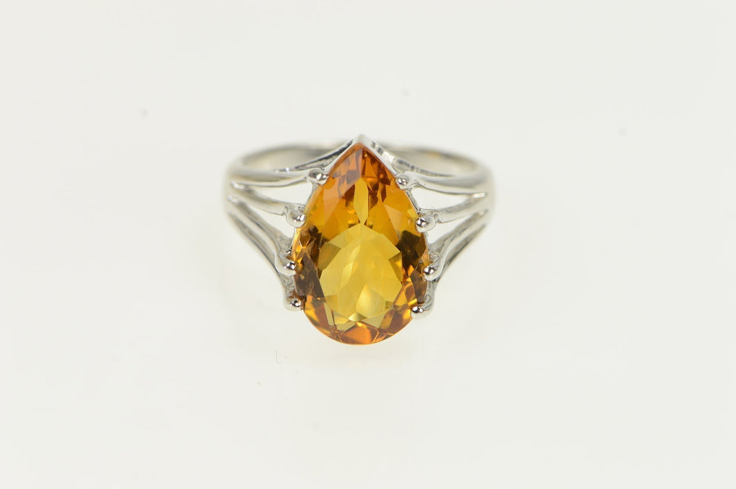 14K Pear Cut Citrine Solitaire Vintage Cocktail Ring White Gold